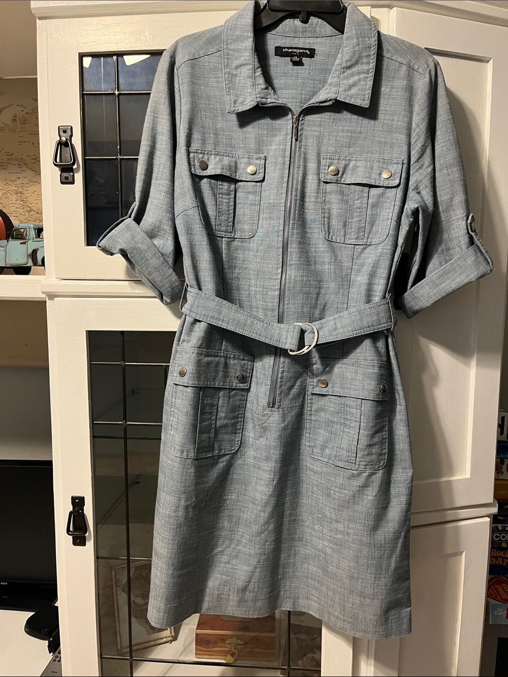 Sharagano Soft Blue Chambray Zip-Front Shirt Dress with Belt